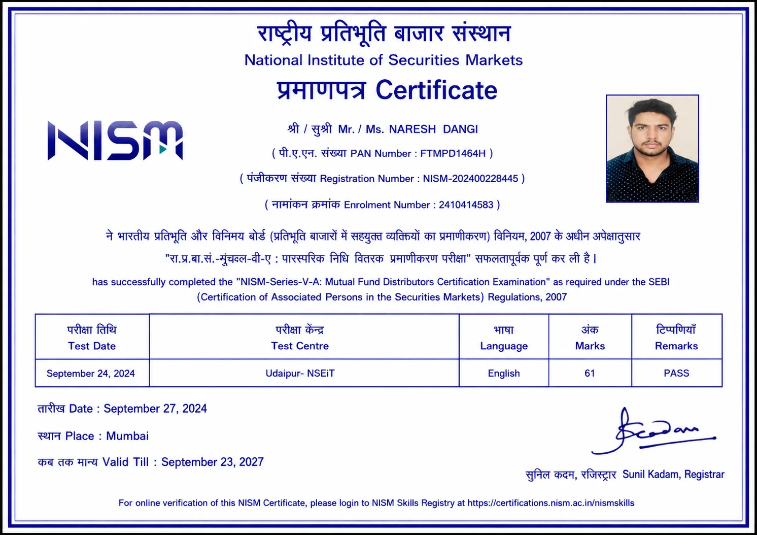 Naresh Dangi NISM Certificate
